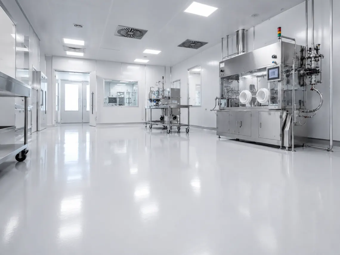 Čista soba u farmaceutskom pogonu sa belim bešavnim epoksidnim podom
