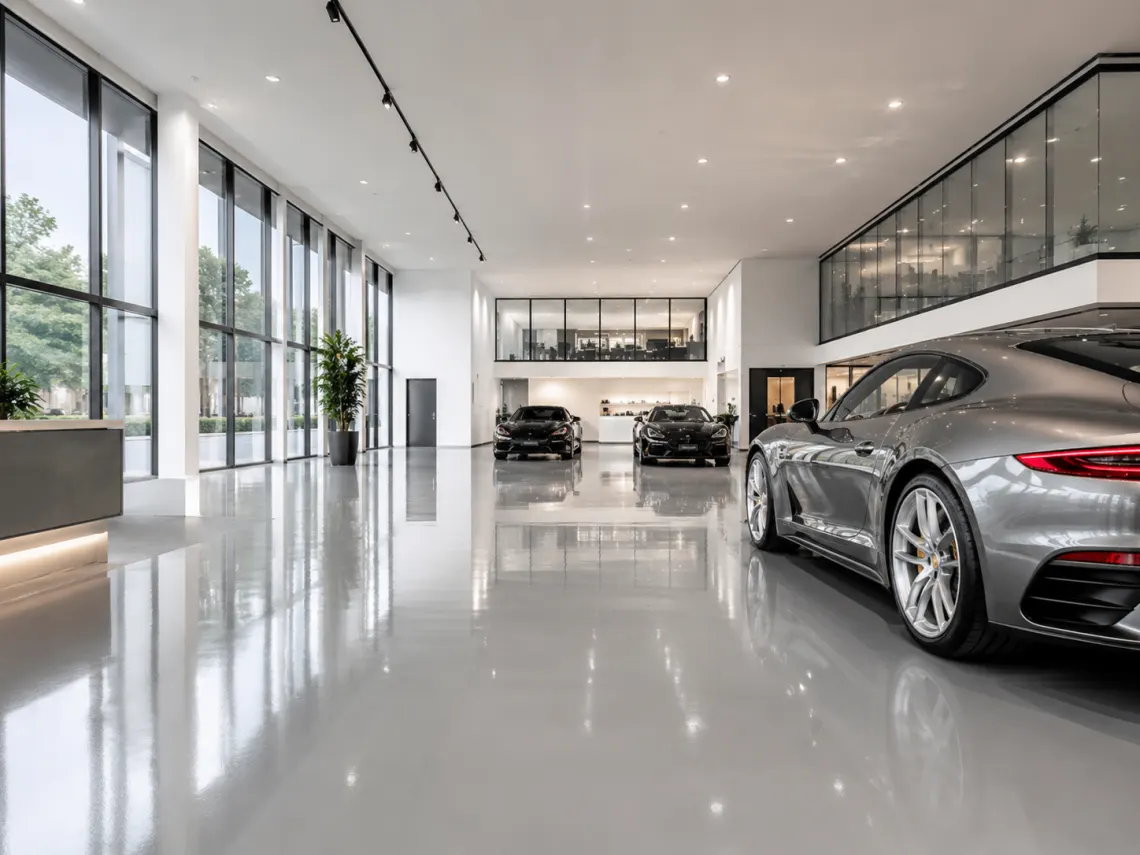 Showroom sa automobilima i visokosjajnim svetlosivim podom bez fuga